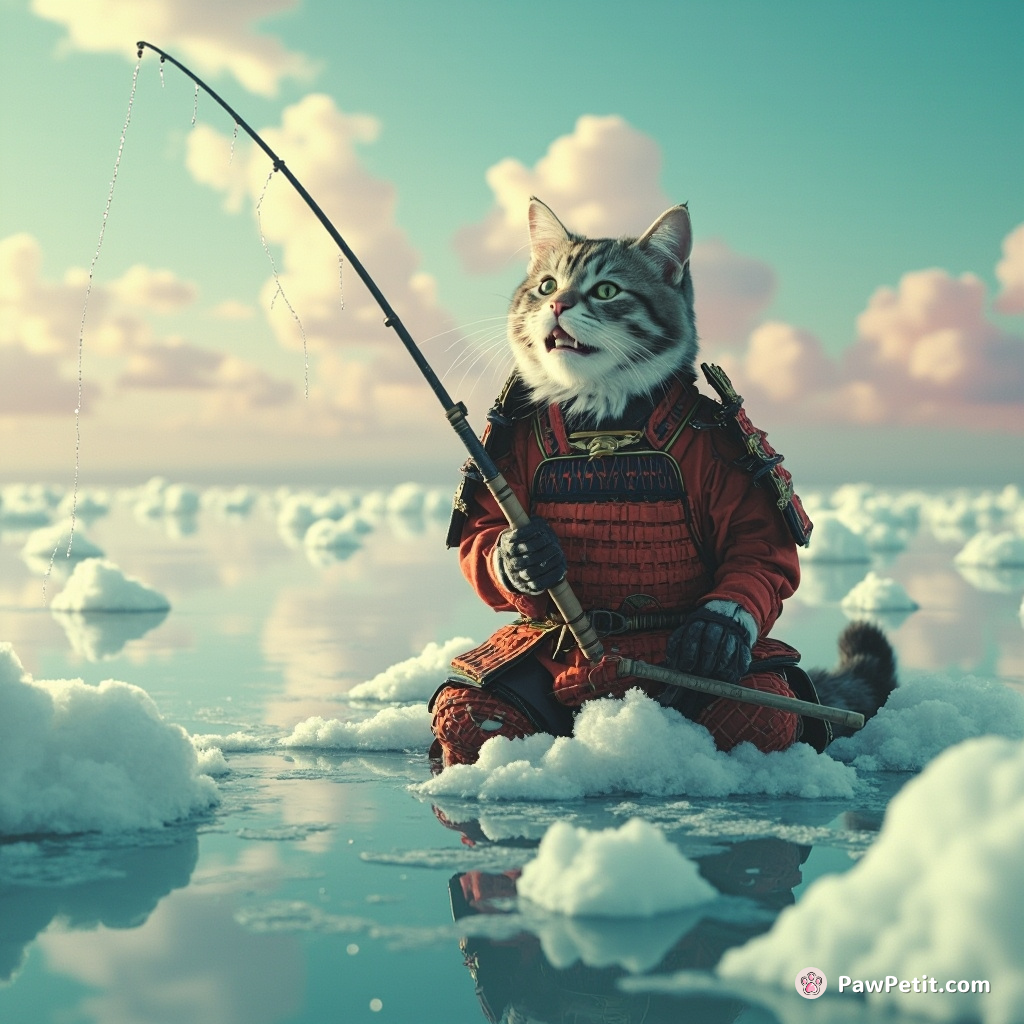 A grinning cat ice fishing on a pickle-shaped lake under a cotton candy sky, while wearing traditional samurai armor.