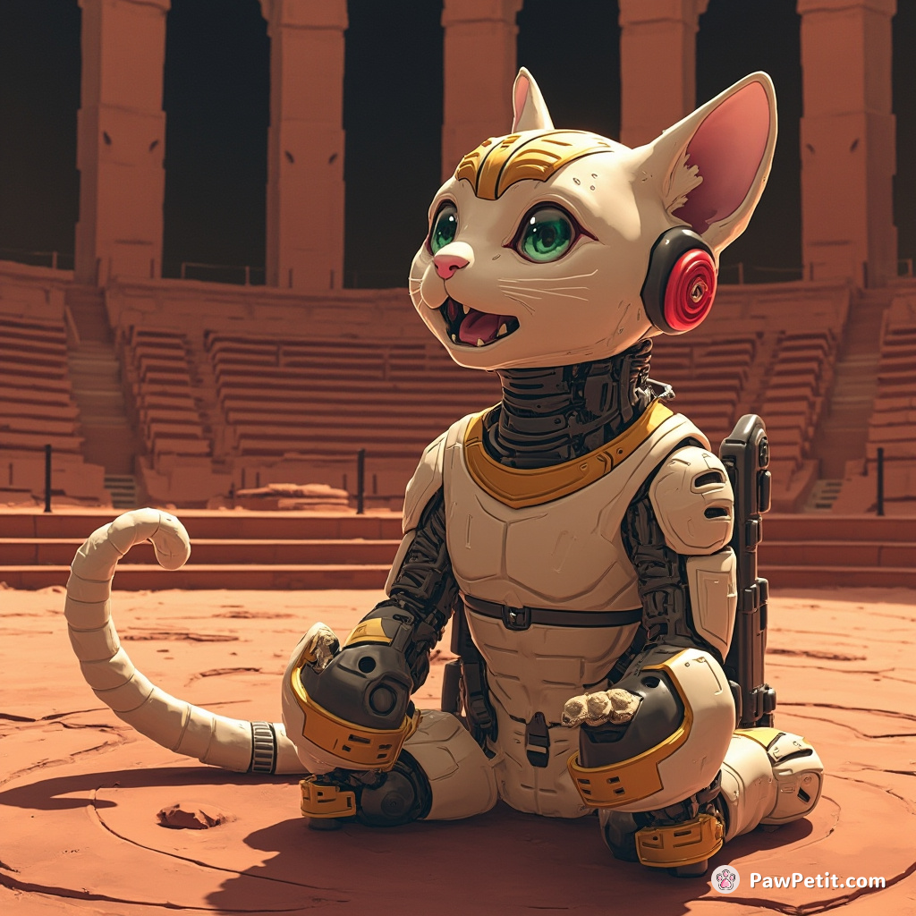 Cybernetic Sphinx cat delivering a universe-shattering TED talk in an amphitheater on Mars.