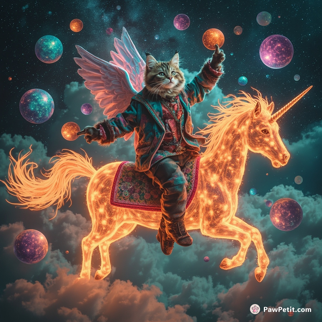 Fantasy cat riding a flaming unicorn while juggling underwater galaxies.