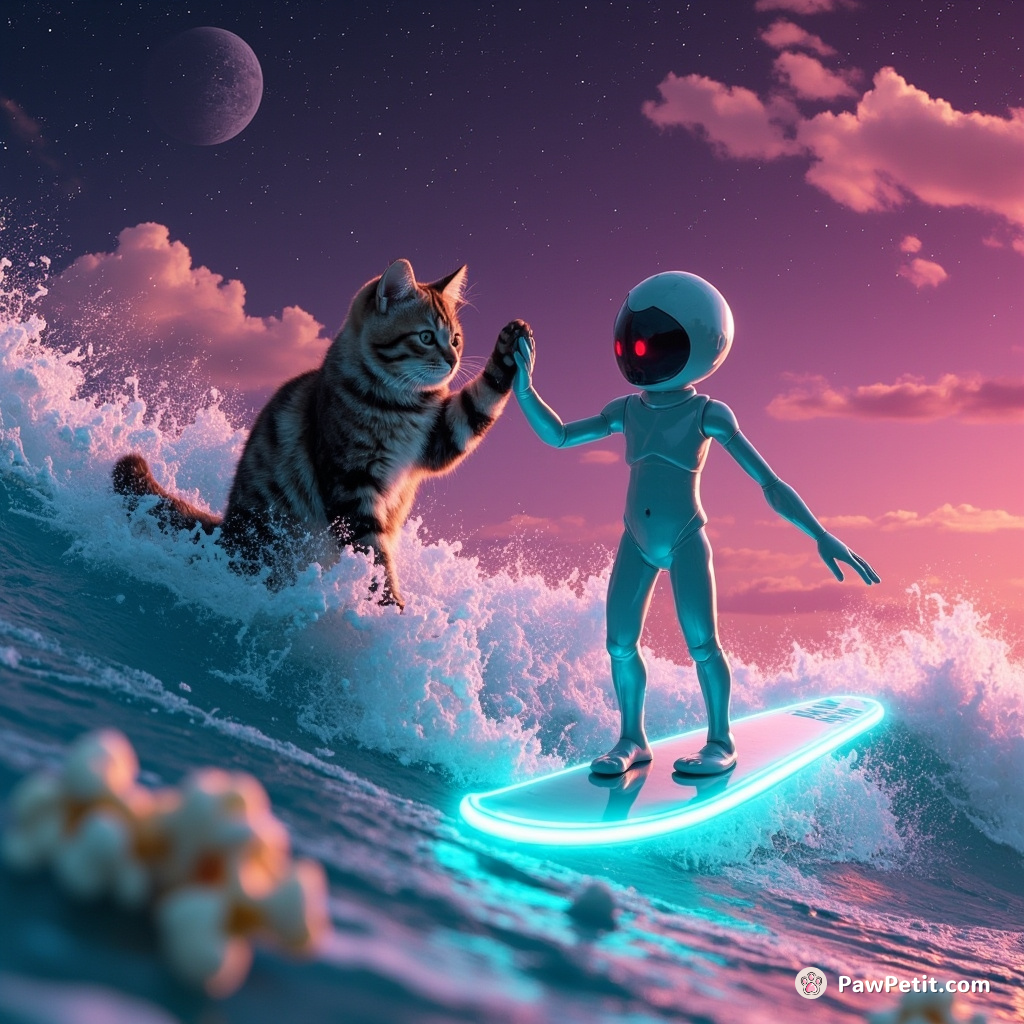 A cat high-fiving a friendly alien on a glowing surfboard riding an ocean wave made of popcorn.