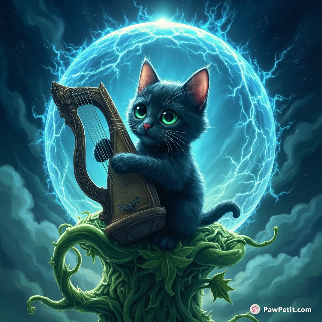 Gothic cat playing the harp atop a beanstalk in a bubble of blue plasma.