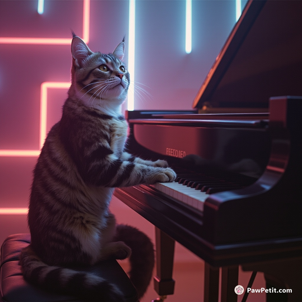 In a delusional spectacle, a cat outpours Beethoven symphony flawlessly on grand piano, declaring feline dominance to all humans.