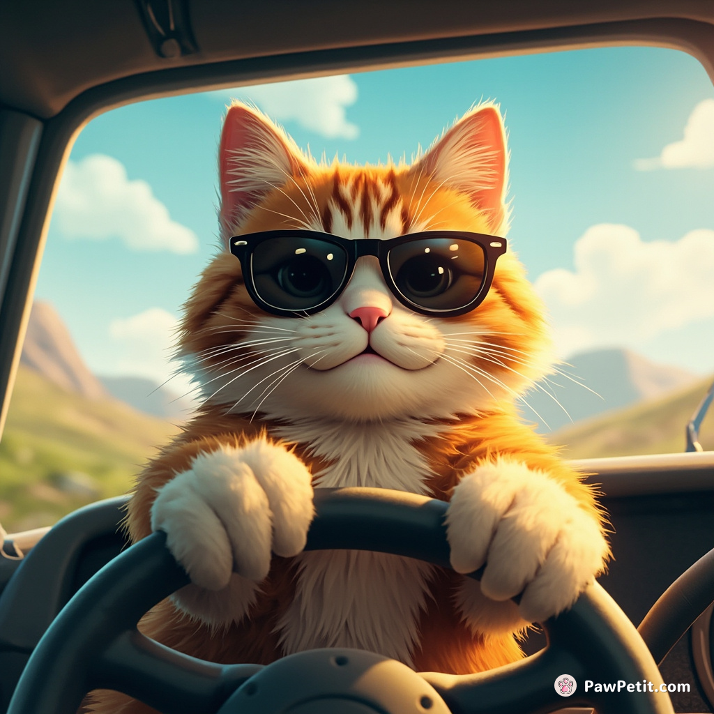 Whiskers dons sunglasses, attempts to drive, hilarity ensues as he paws at the wheel and honks the horn.