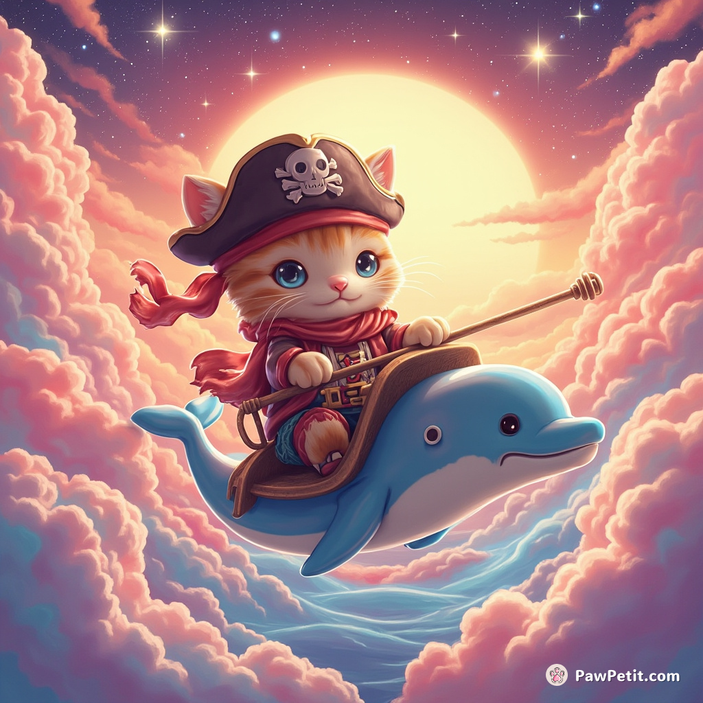 Pirate cat riding a cosmic dolphin through an ocean of cotton candy clouds in galactic sunset hues.