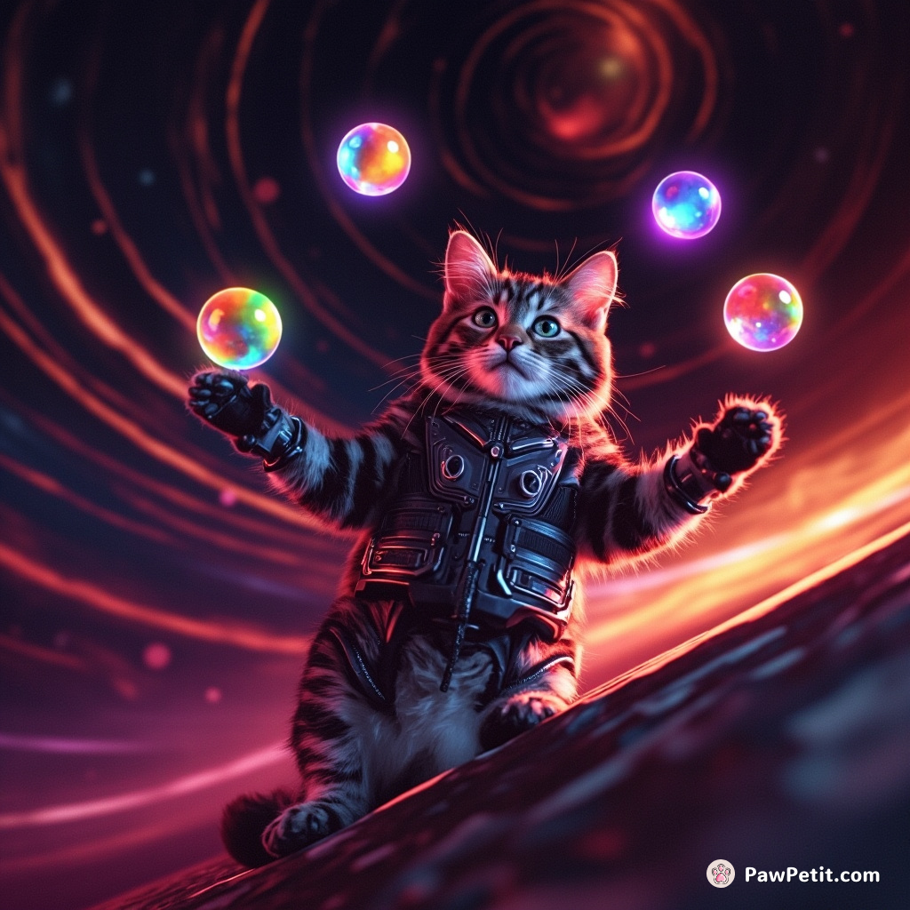 Cybernetic cat juggling radiant multi-colored marbles on the narrow, spiralling edge of an otherwise abandoned cinnamon swirling galaxy.