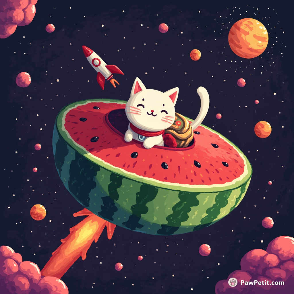 A cat space-traveling in a watermelon spaceship, launching Pizza Planet rockets.
