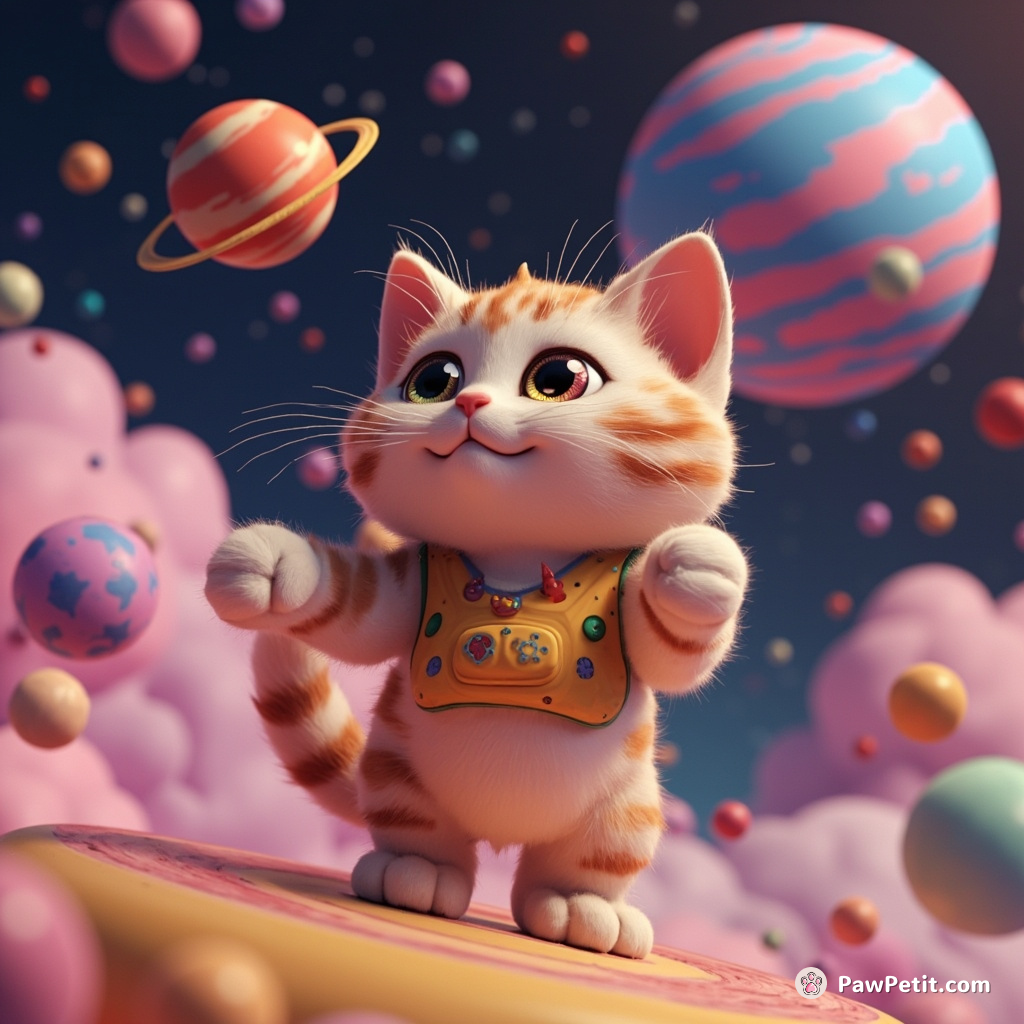 Cat, juggler of tiny planets within a bubblegum cosmos.