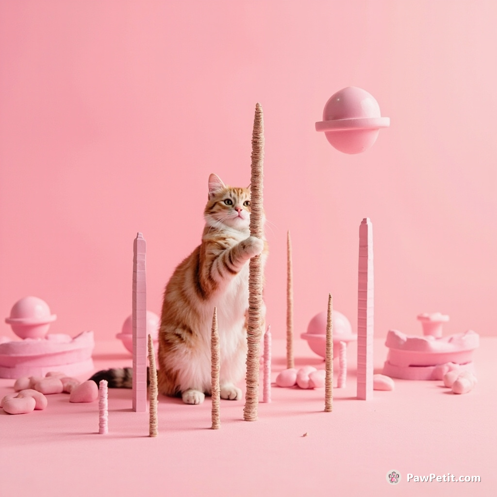 Giant cat treating tiny fully functional skyscrapers like a scratching post in an alien pink candyland.
