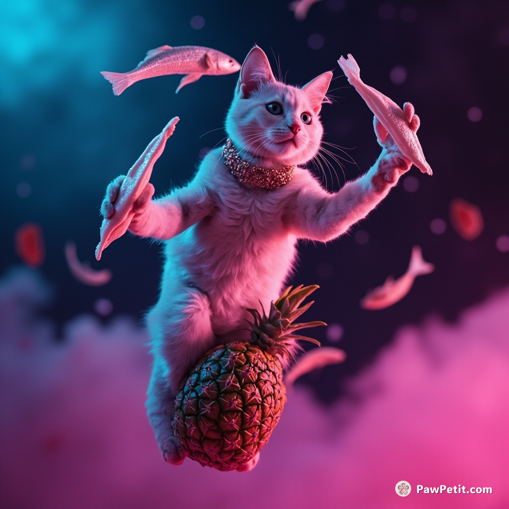 Cat balancing on a levitating pineapple in outer space, juggling fish bones like an expert circus performer.