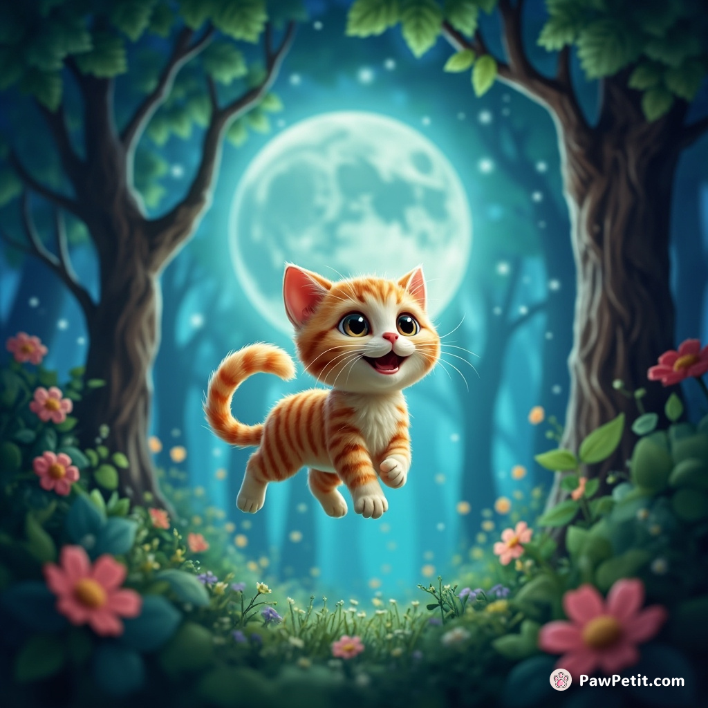 In a magical forest, Whiskers the cat leaps gracefully from tree to tree, unraveling the mystery of the enchanted moonbeam.