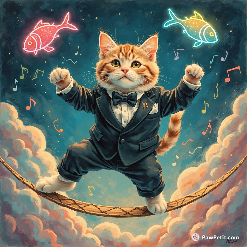A neon cat tightroping on musical notes in an Alice-in-Wonderland-like world, juggling glowing fish while wearing a three-piece tuxedo.
