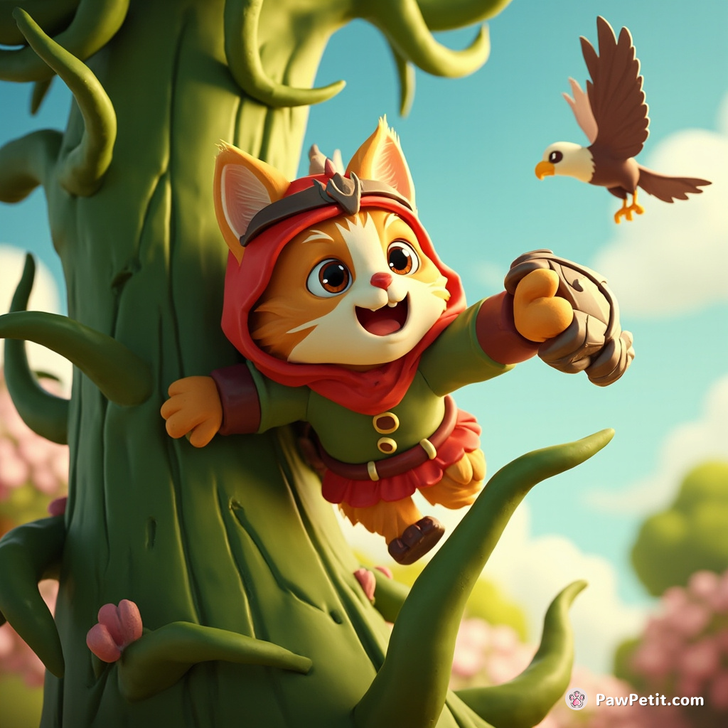 The heroic cat bravely climbed the towering, thorny beanstalk to rescue the captured canary from the monstrous eagle.