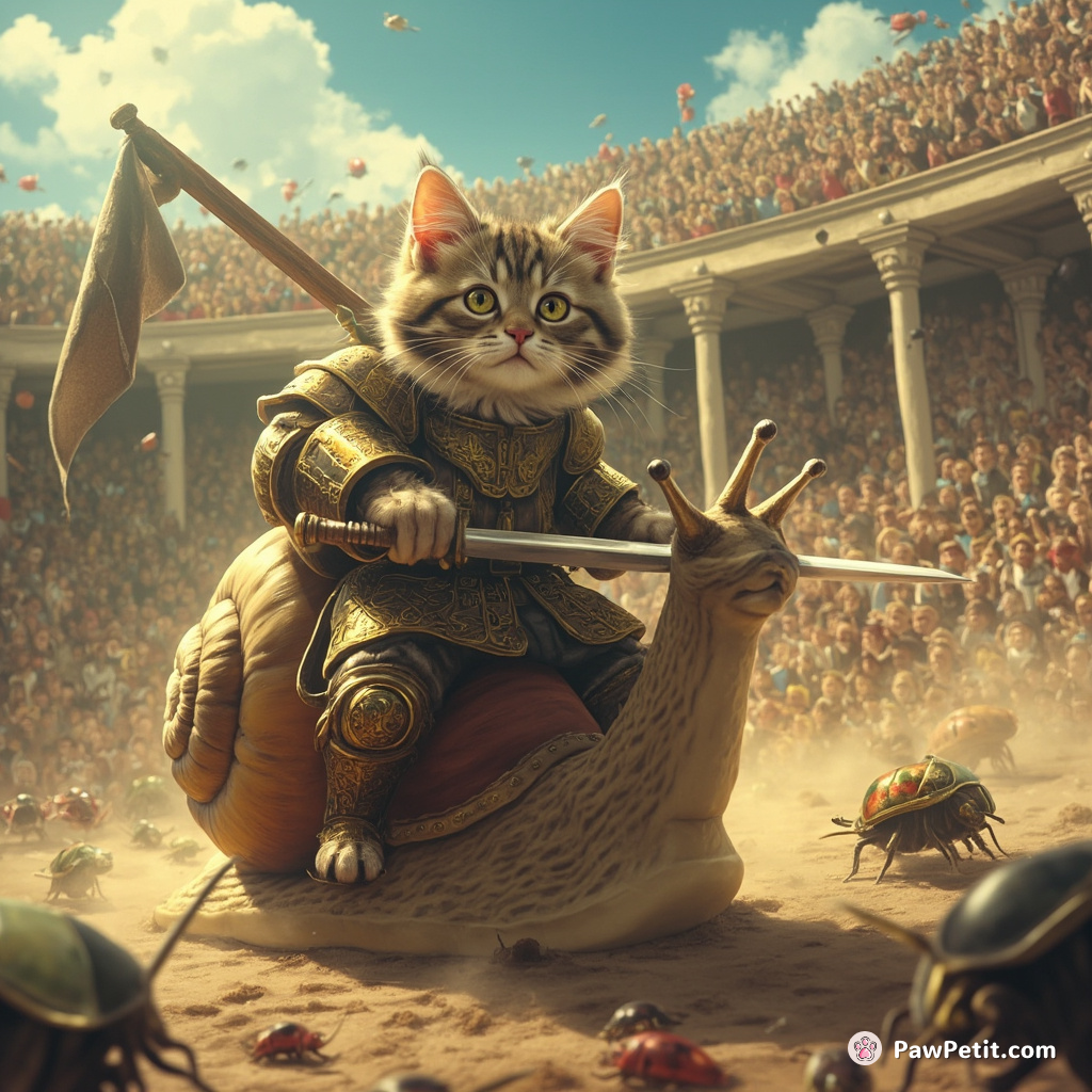 A cat jousting on a giant snail against a mouse knight, in an arena filled with cheering beetles.