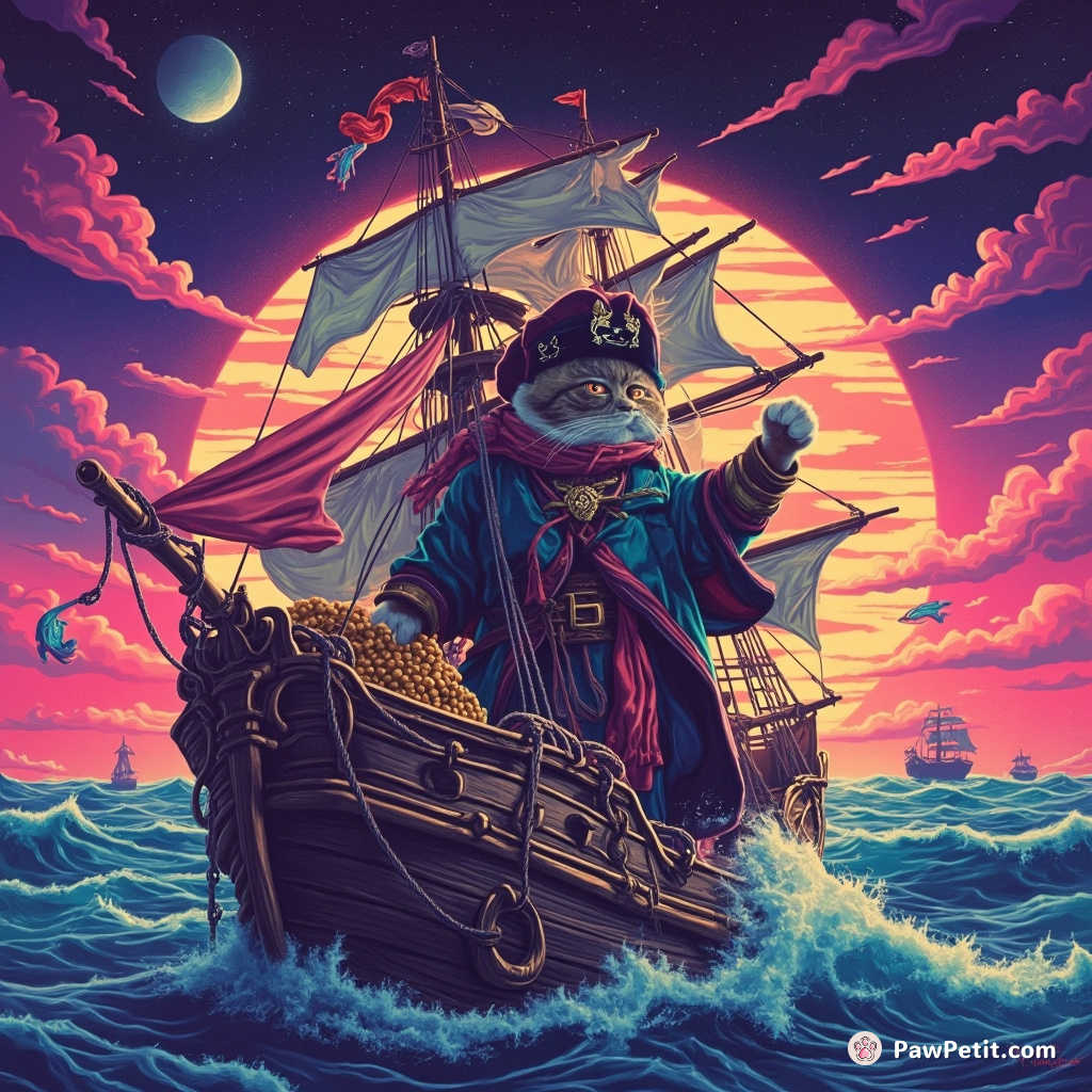 Whiskers the cat sails the seven seas, trading fish for treasure, swatting pirates with a mighty paw.
