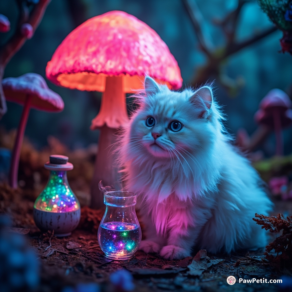 Cat crafting potions under a fluorescent mushroom in a neon forest.