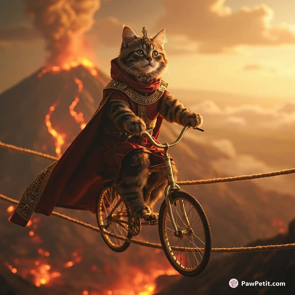 A feline king donning a jeweled cloak riding a golden unicycle on a tightrope over an active volcano.