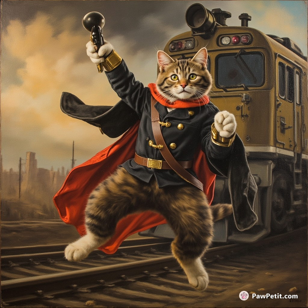 A cat leaps onto a moving train, hailed as a hero mistaken for a brave conductor.