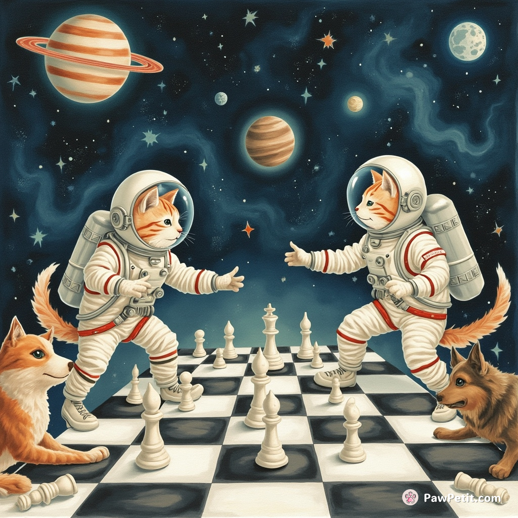 Cats in astronaut suits playing a giant, gravity-defying game of cat chess in outer space against alien dogs.