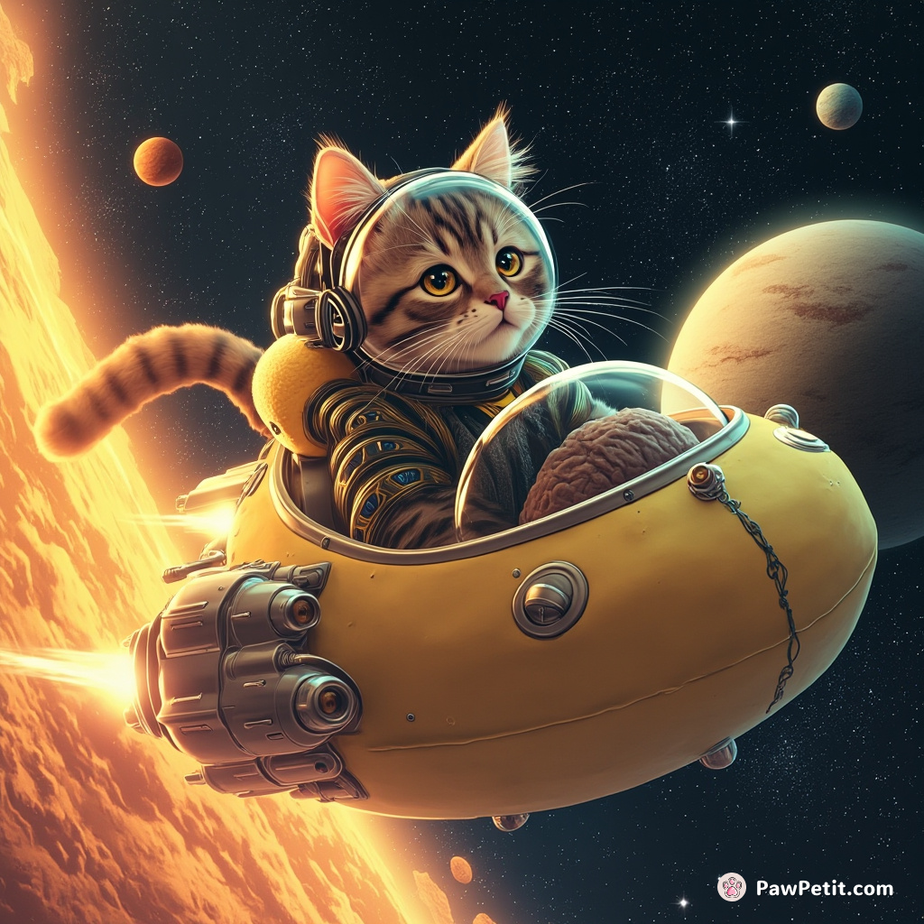 Cybernetic cat piloting a cantaloupe spaceship through fettuccine nebula.