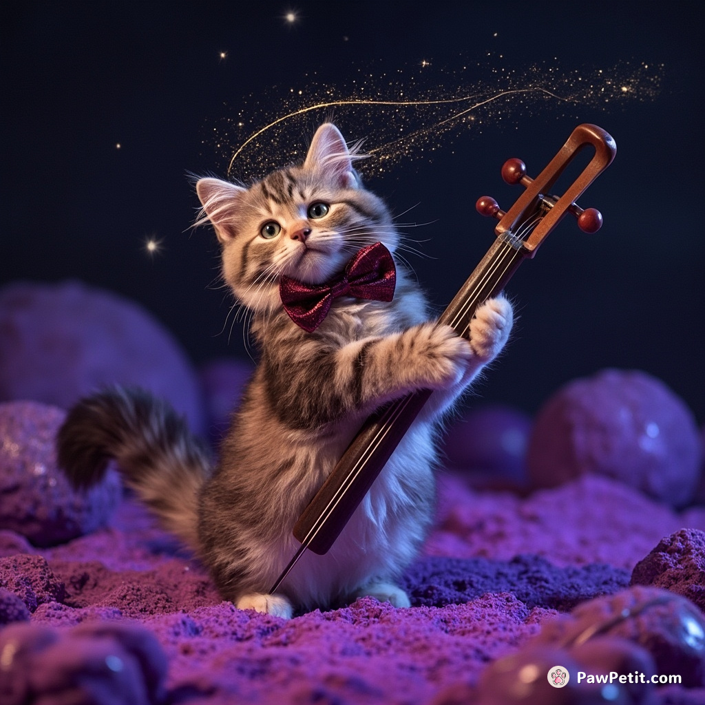 Retro-space cat, grooving on cello-shaped asteroids, amid neon purple stardust, while being crowned with bow-tie constellation.
