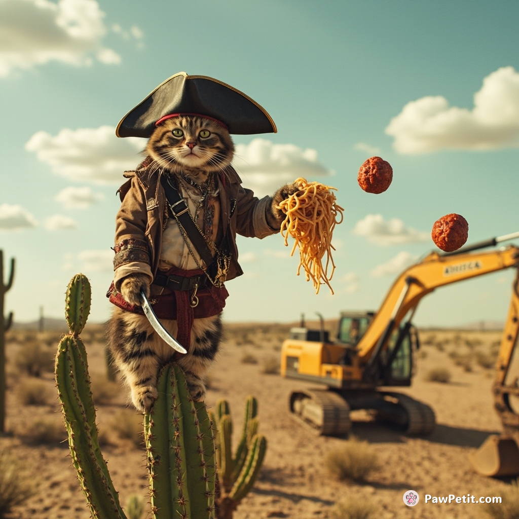 A pirate cat balancing on a cactus in the Mojave desert, skillfully juggling spaghetti meatballs with an excavator.