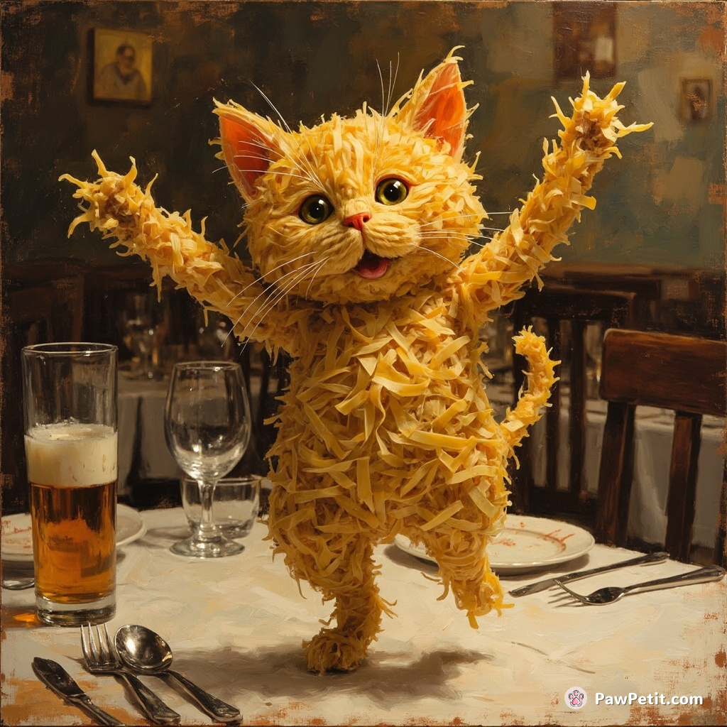 Cat made of pasta doing jumping jacks in an Italian trattoria.