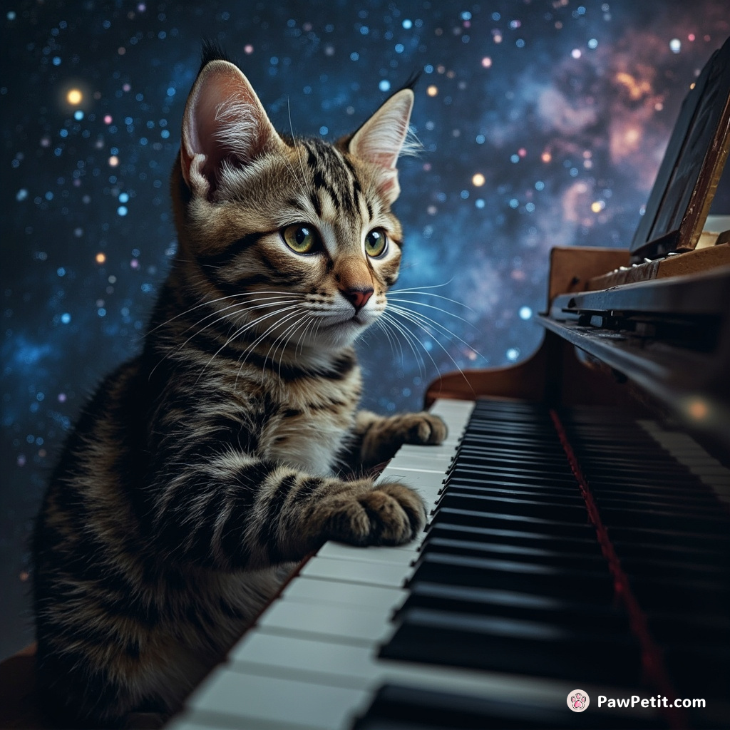 A tabby cat composing a symphony on a cosmic piano, with stars and nebulae dancing in rhythm.