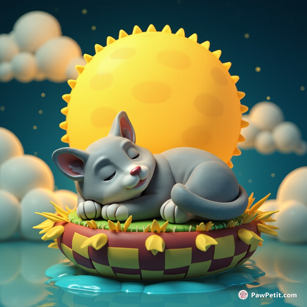 A werewolf cat moon-bathing under a sunflower sun on a floating island with checkerboard soil.