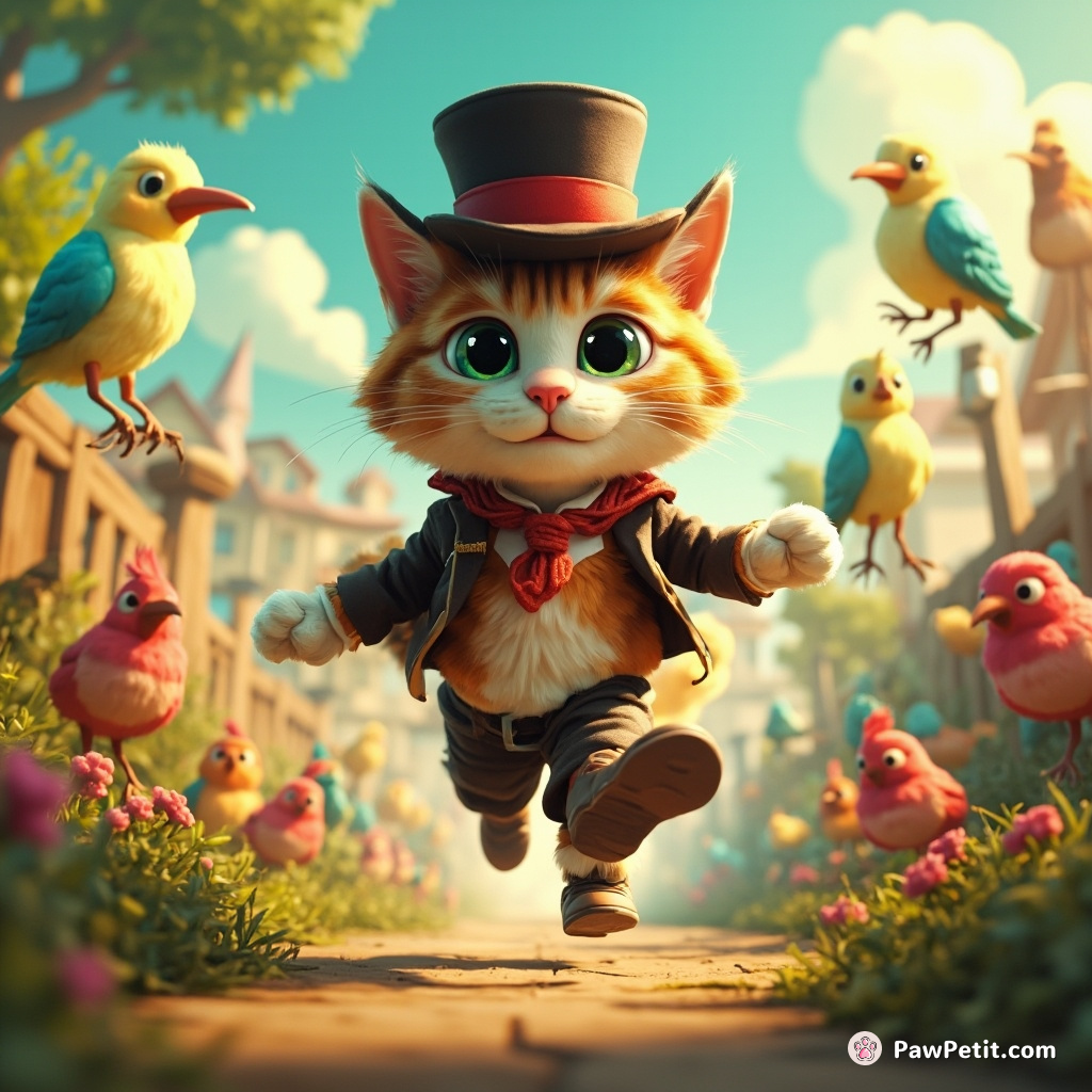 Cat in a hat saunters, human-like sense of swagger causing uproar among the befuddled bevy of backyard birds.