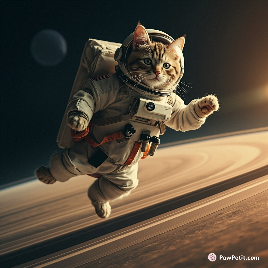 Cat gracefully breakdancing on the rings of Saturn wearing astronaut gear.
