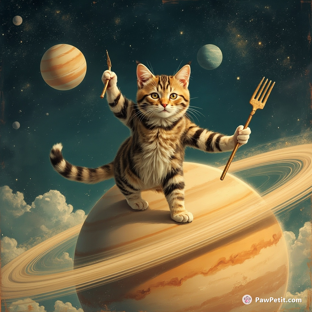 Cat practicing tai chi on Saturn's rings with forks as antennas.