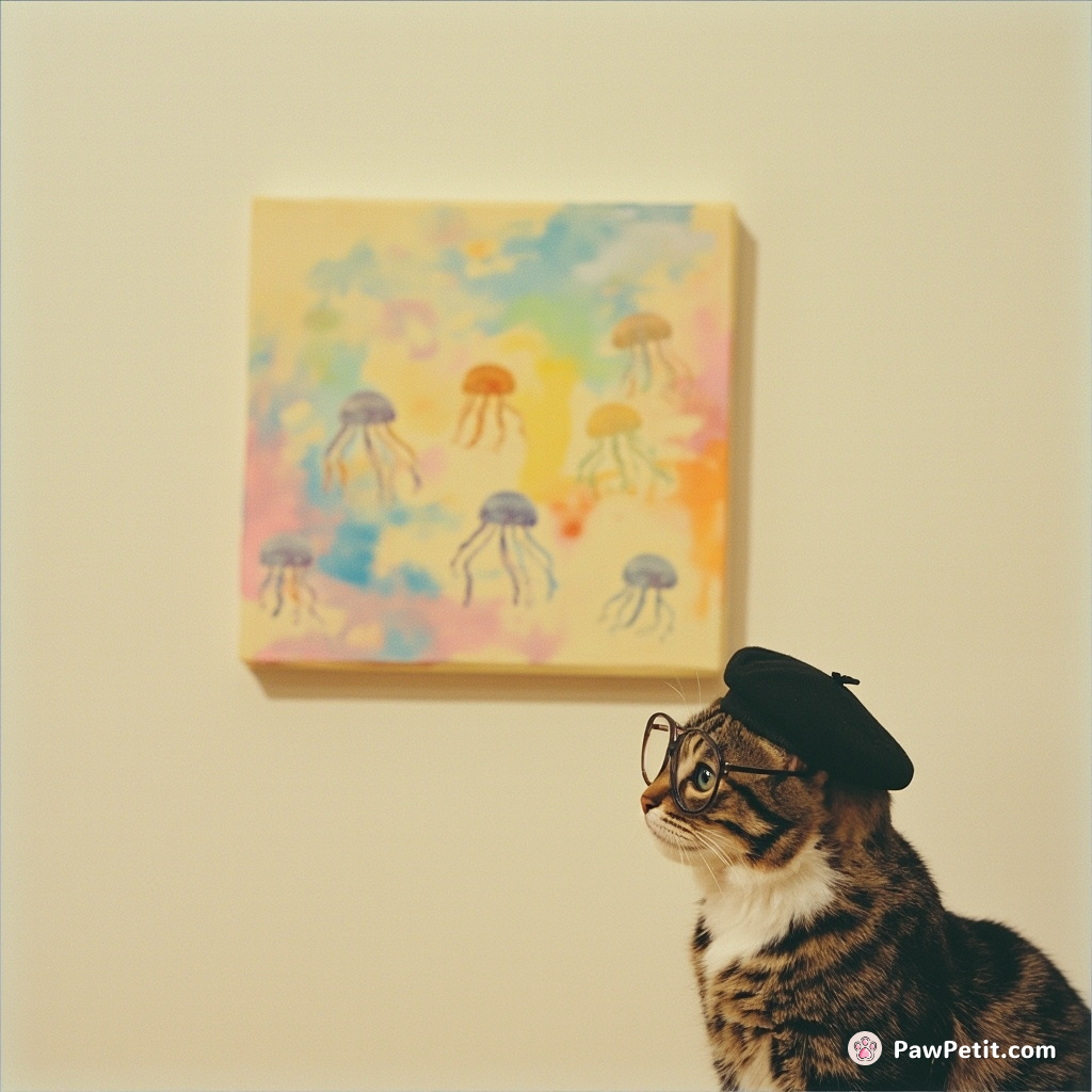 A feline art critic, wearing a tiny beret and hipster glasses, thoughtfully inspecting an abstract painting composed of rainbow cheese amidst a floating jellyfish orchestra.