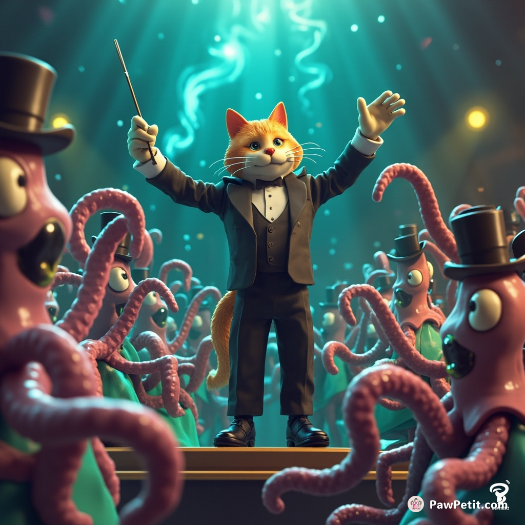 A feline conductor controlling a symphony of electric eels in an undersea concert hall filled with octopuses in evening gowns and top hats clapping with their tentacles.