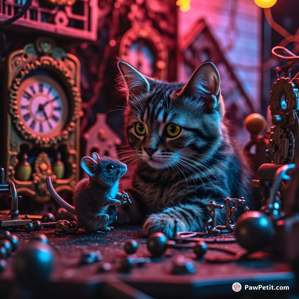 A Steampunk cat repairing a tiny mechanical mouse in a workshop filled with cuckoo clocks and gears.