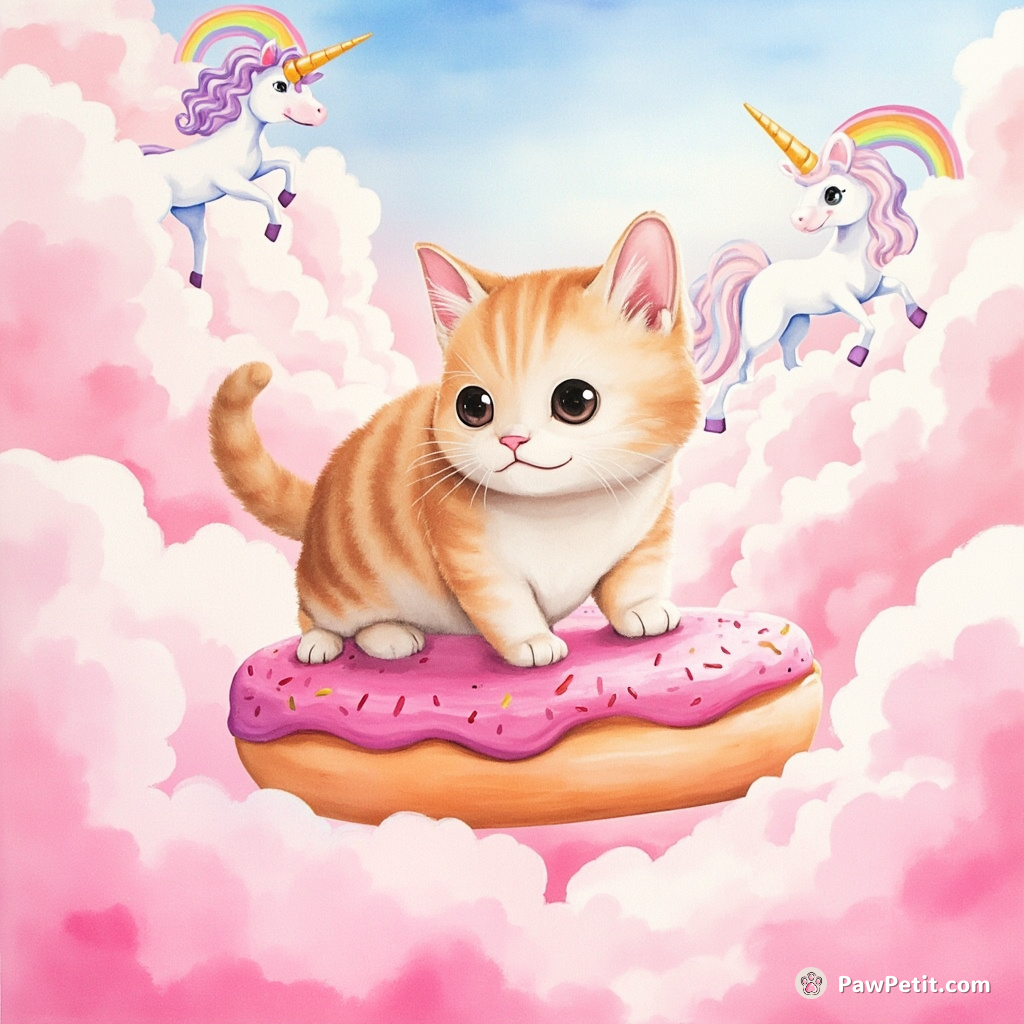 Cat surfing on a jelly donut in the pink cotton candy clouds, with unicorns cheering in the background.