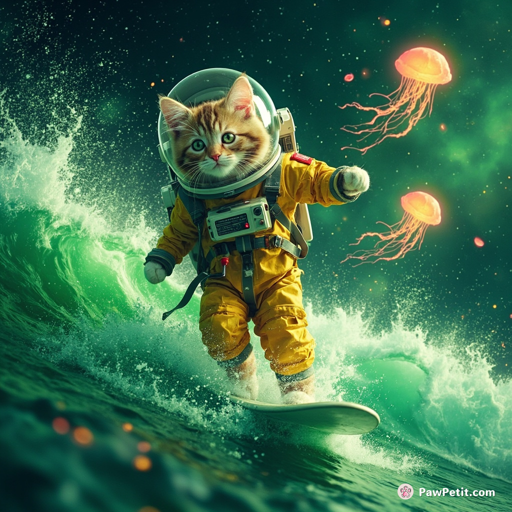 A cat wearing an astronaut's suit, surfing unbothered through a cosmic wave of emerald green stardust accompanied by dancing neon jellyfish.