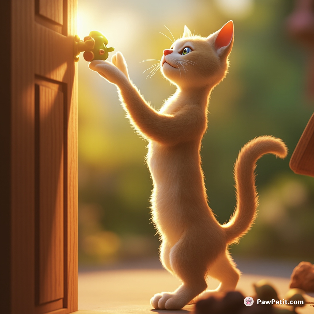 A cat stands on hind legs, stretching towards the door handle, yearning for a taste of the outdoors like a human.