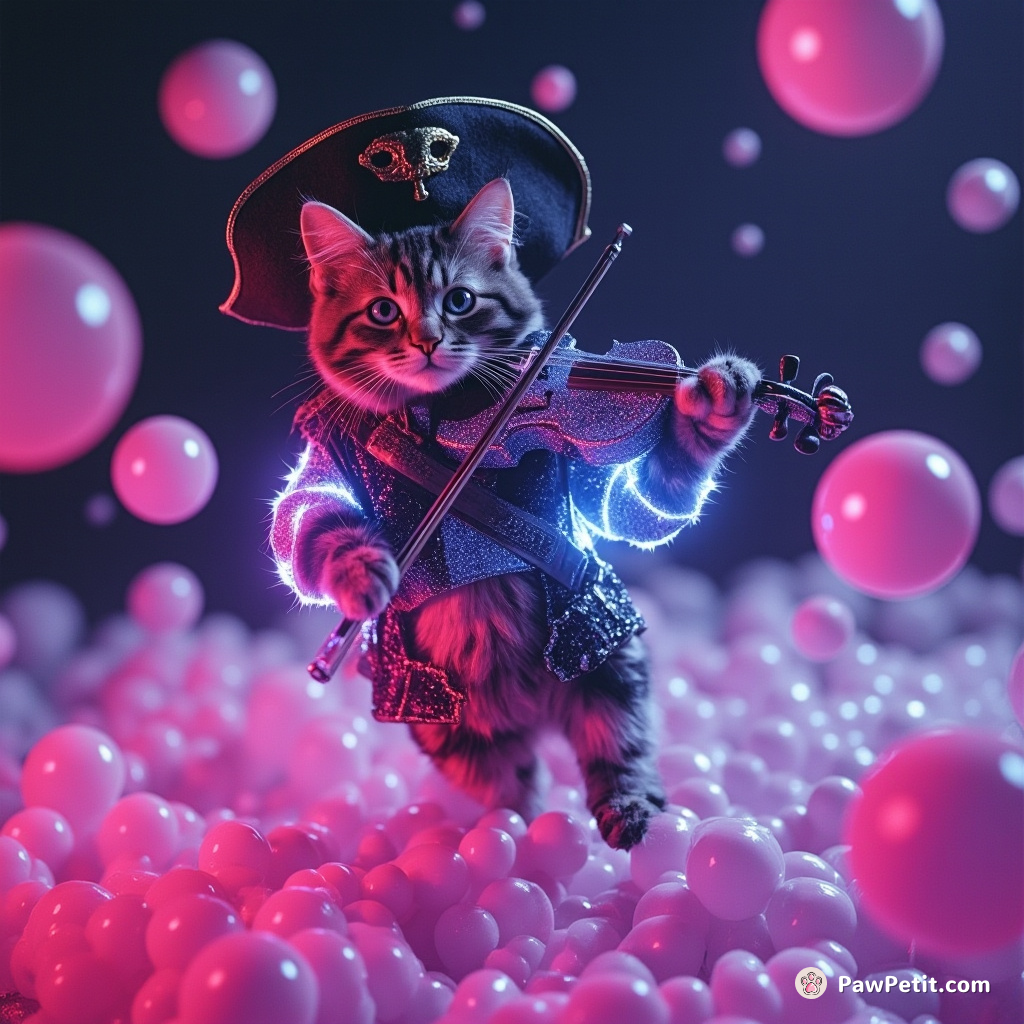 Glowing, levitating pirate cat playing a cosmic violin made of stardust in an ocean filled with pink bubbles.