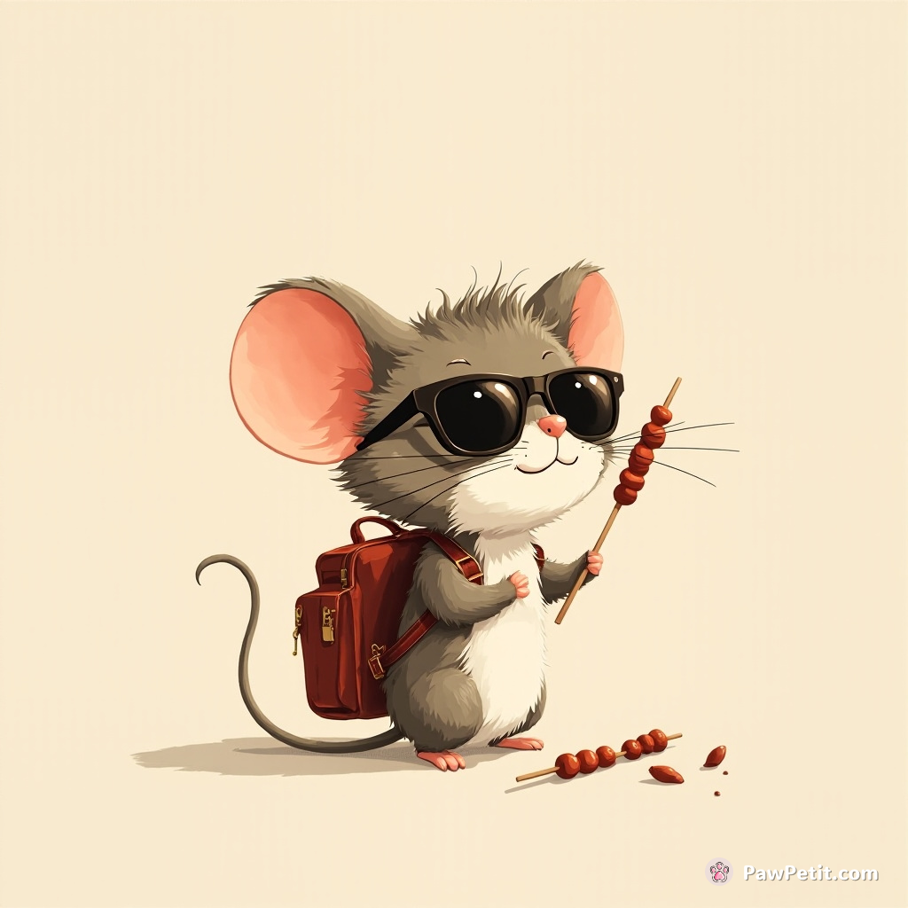 Sporting shades and a mini rucksack, whiskers on point, Paws casually attempts to BBQ mice – barbecue skewers missing!