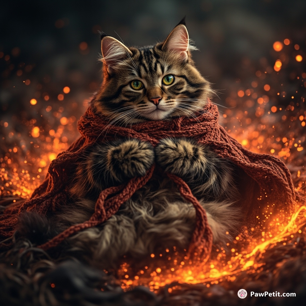 Cat the size of a mountain, calmly knitting molten lava.