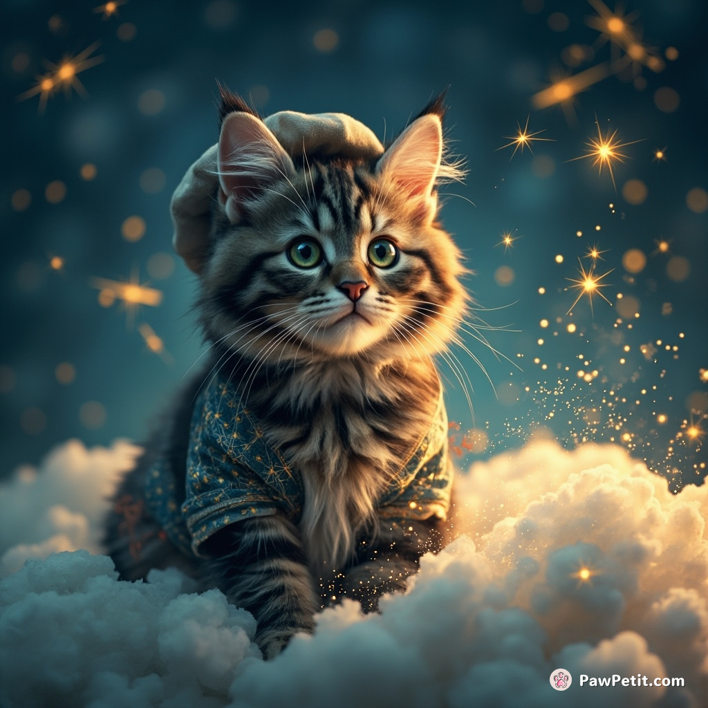 Cat crafting constellation designs with stardust while sitting on a cloud in an art smock and beret.