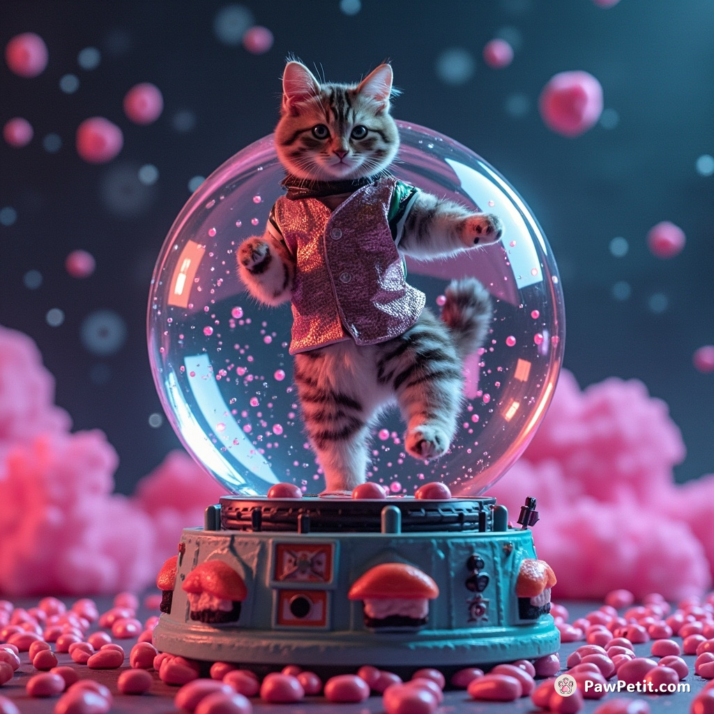 A cat DJ dancing on a spinning sushi disco inside a floating snow globe in space.