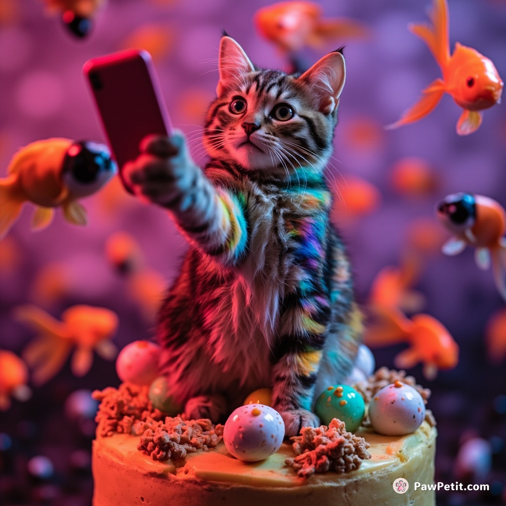 Rainbow cat taking a selfie on top of a cheesecake pyramid surrounded by neon ghost goldfishes.