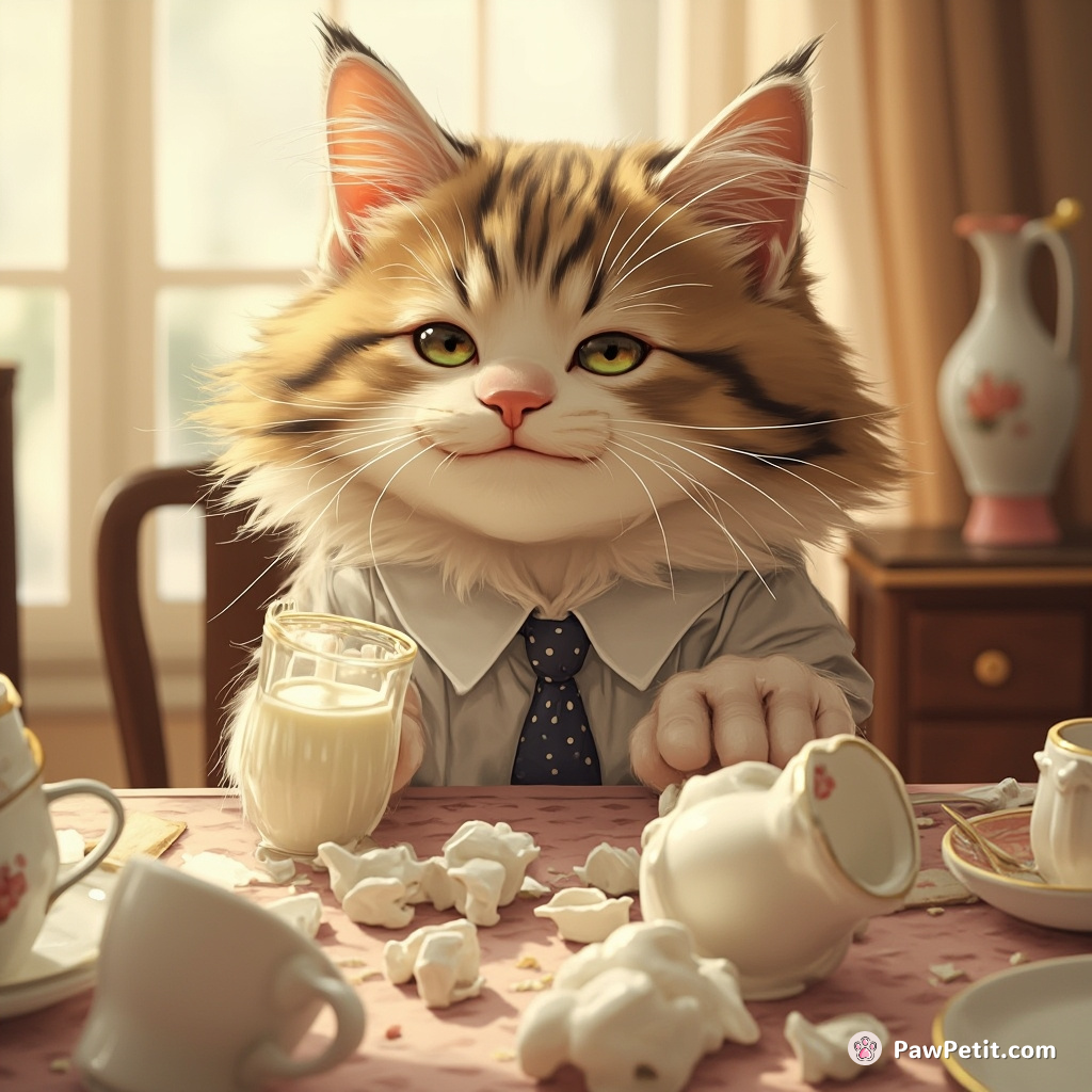 Mischievous cat sits at dinner table; wears tie, sips milk - sends porcelain crashing with one unwieldy, "human-like" swat.