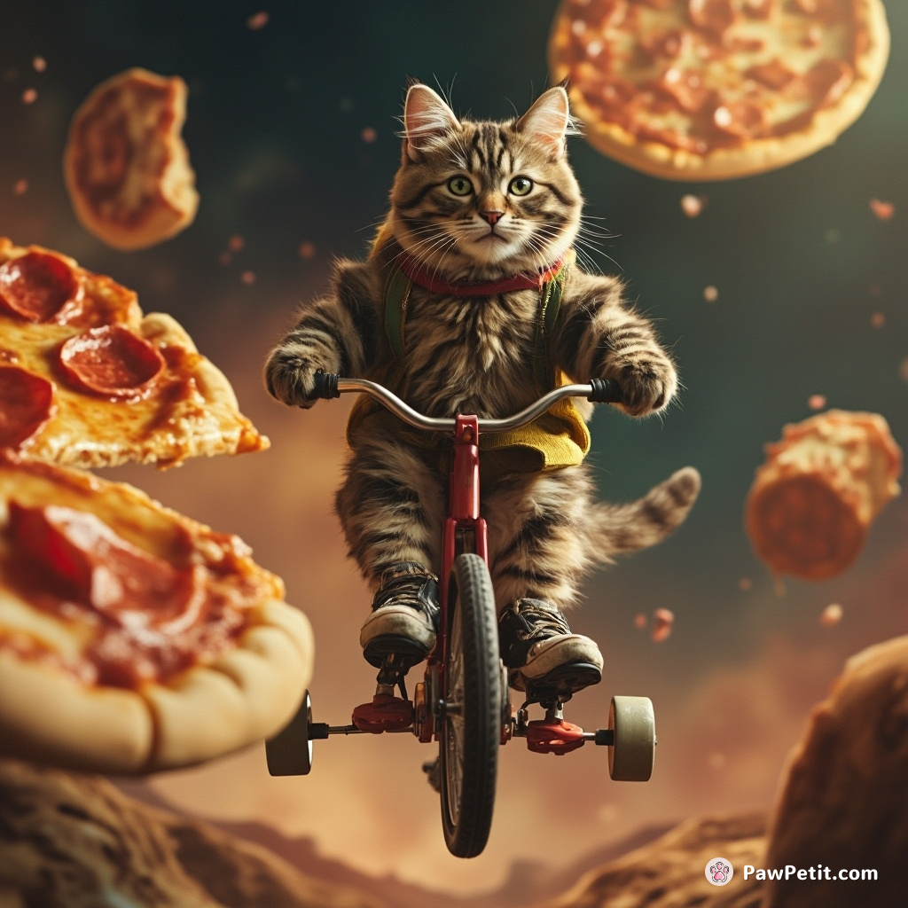 A cat inventing unicycle roller skates, gleefully testing them inside a parallel universe featuring gravity-defying pepperoni pizzas.