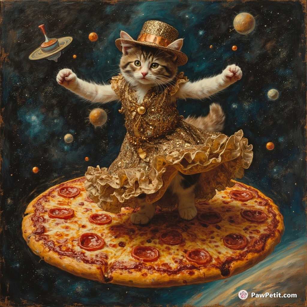 A cat dancing flamenco on a floating pizza in space, wearing a 1920s-style glimmering dress and sequined fedora.
