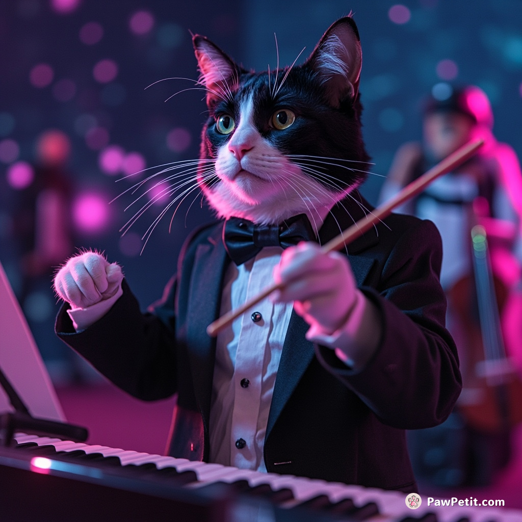 Cat conducting a space orchestra with constellations in a penguin tuxedo.