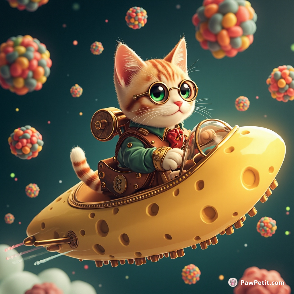 Steampunk cat piloting a cheese wheel spaceship amongst jellybean asteroids.