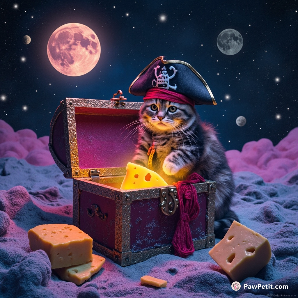 A pirate cat opening a cursed cheese treasure chest on the moon.