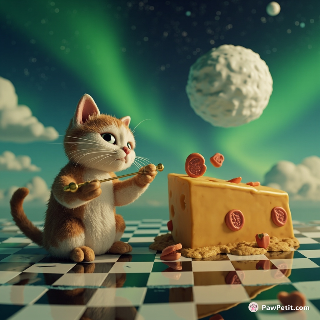 A feline sculptor asymmetrically carving a cheese moon with tiny pepperoni planets on a morose checkered floating island under aurora borealis.